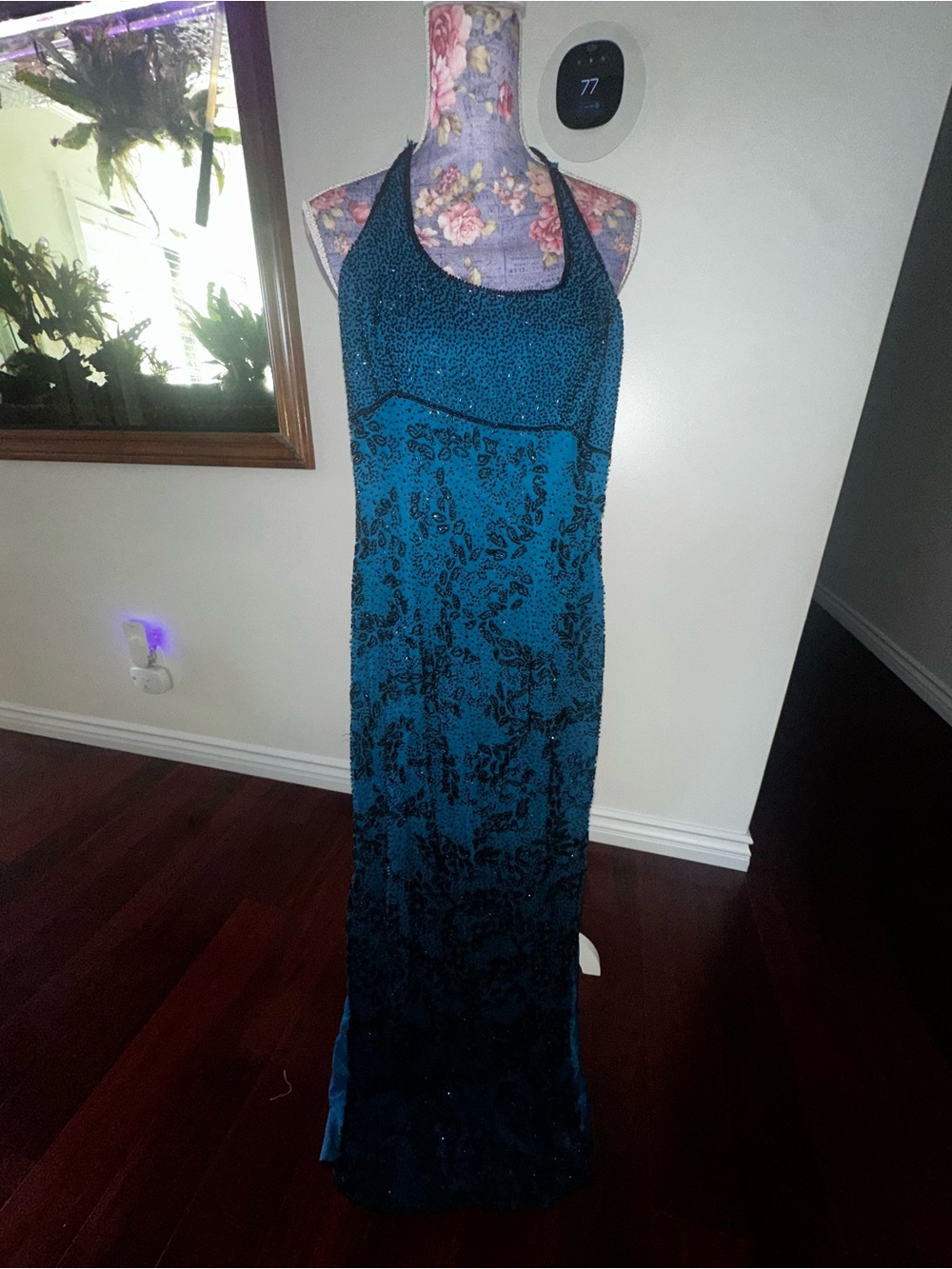 Teal Halter Evening Gown with Sequined Bodice
